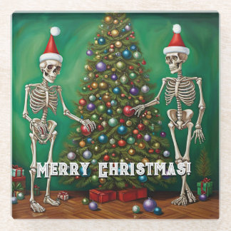 Skeletons and Colourful Ornaments Christmas Glass Coaster