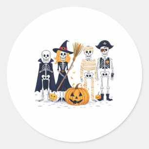 Skeletons And Friends In Costumes Fall Season Hall Classic Round Sticker