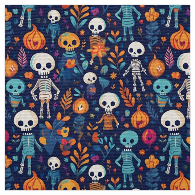 Skeletons and pumpkins vibrant halloween fabric (Swatch)