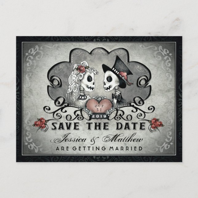 Skeletons Black Grey White SAVE THE DATE Announcement Postcard (Front)