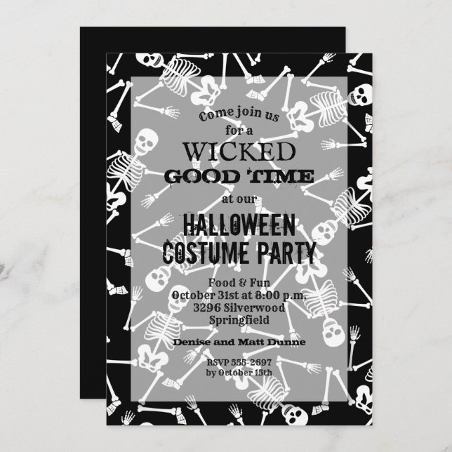 Skeletons Black Halloween Party Invitations (Front/Back)