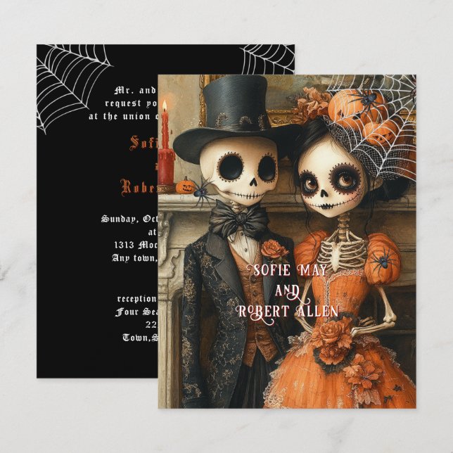  Skeletons Black Spiders Halloween Wedding  Invitation (Front/Back)