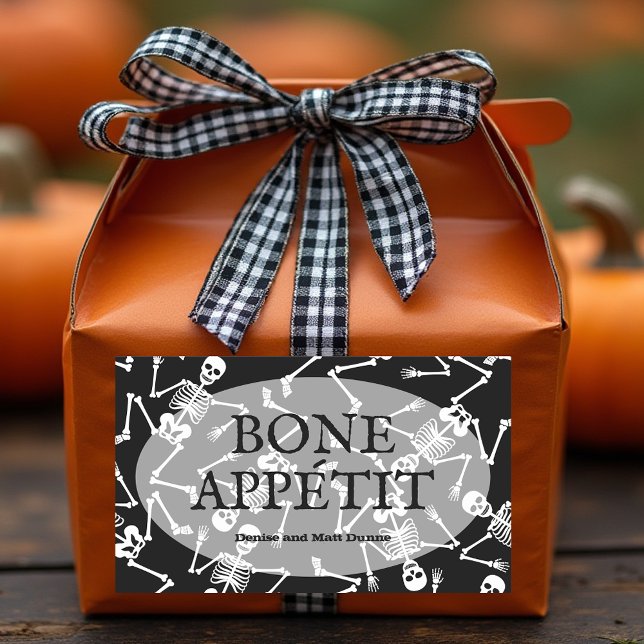 Skeletons BONE APPÉTIT Rectangular Sticker (BONE APPÉTIT personalized rectangular black stickers with dancing skeletons)