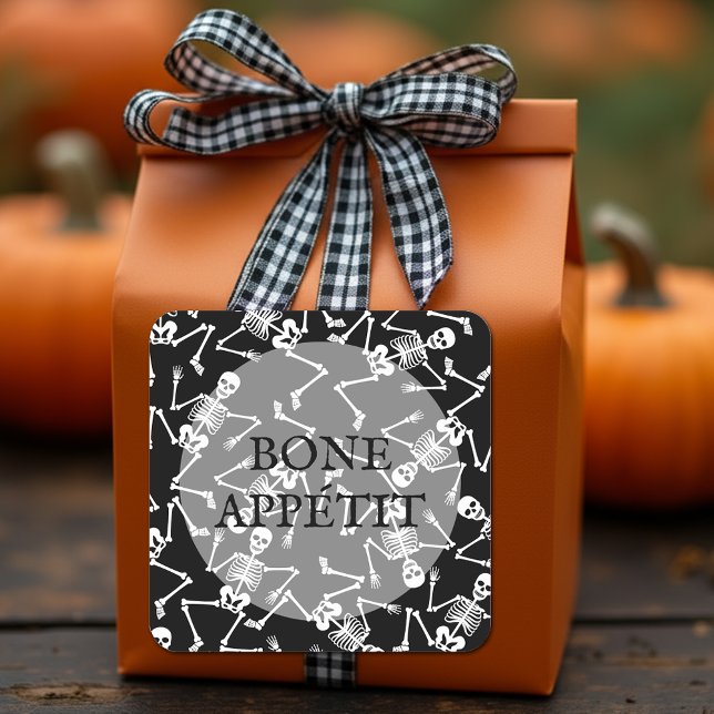 Skeletons BONE APPÉTIT Square Sticker (Skeletons on black square stickers feature the wording BONE APPÉTIT)