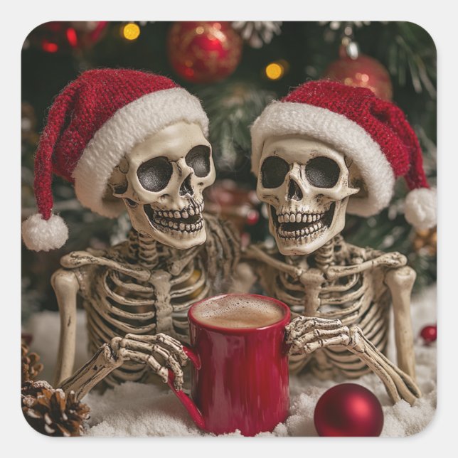 Skeletons Enjoying Christmas Square Sticker (Front)