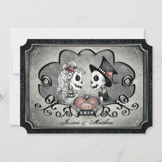 Skeletons Grey Black Heart Wedding "Together With" Invitation (Front)