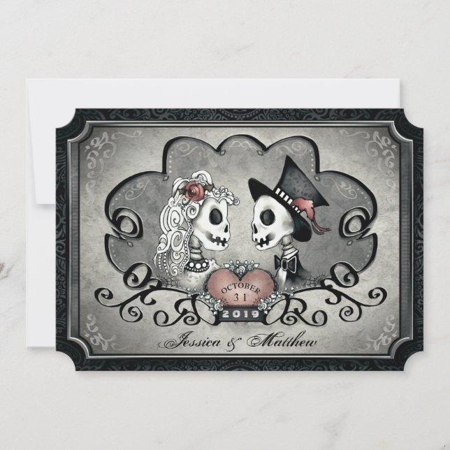 Skeletons Grey Black White Heart Wedding Invitation (Front)