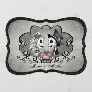 Skeletons Grey Black & White Heart Wedding Invite