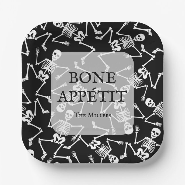 Skeletons Halloween Party Black Paper Plate (Front)