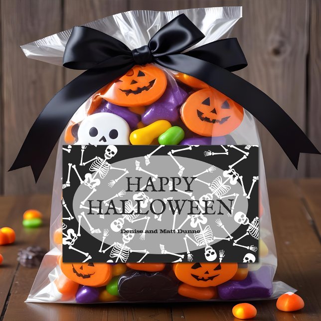 Skeletons Happy Halloween Rectangular Sticker (Happy Halloween and skeletons on black rectangle stickers)
