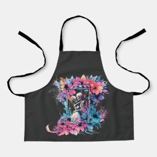 Skeletons in love. A bouquet of flowers. Apron