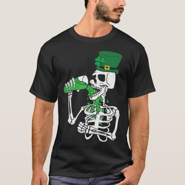 Skeletons Leprechaun Drinking Beer St Patrick s Da T-Shirt (Front)