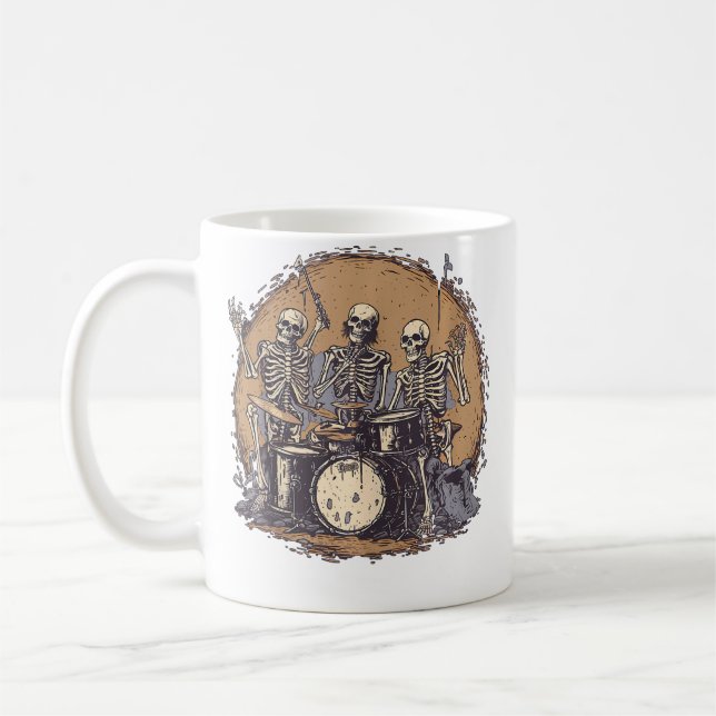 Skeletons Playing Drum Music Drumming Drummer Skel Coffee Mug (Left)