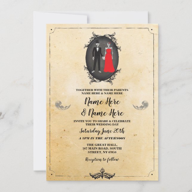 Skeletons Skull Wedding Halloween Rustic Gothic Invitation (Front)