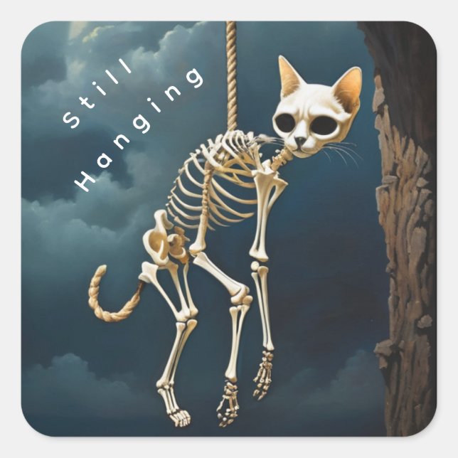 Skelton hanging square cat sticker  (Front)