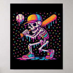 Skelton Playing Baseball Halloween Baseball Drip B Poster