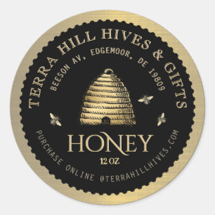 Skep with Bees on Black and Gold Honey Label