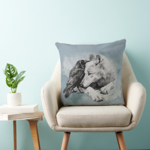 Sketch Black and White Wolf and Crow  Cushion