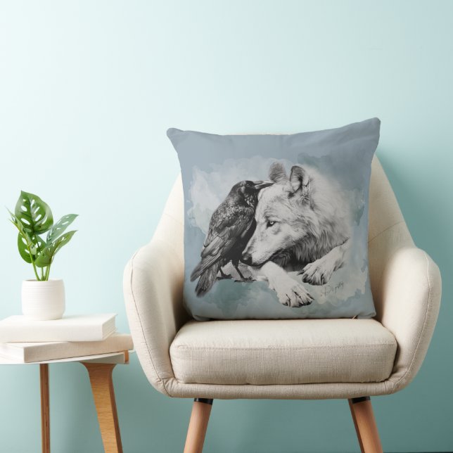 Sketch Black and White Wolf and Crow  Cushion (Chair)