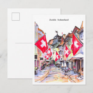 Sketch cozy street Zurich Switzerland Postcard