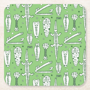 Sketch Crocodile Pattern 2 Square Paper Coaster