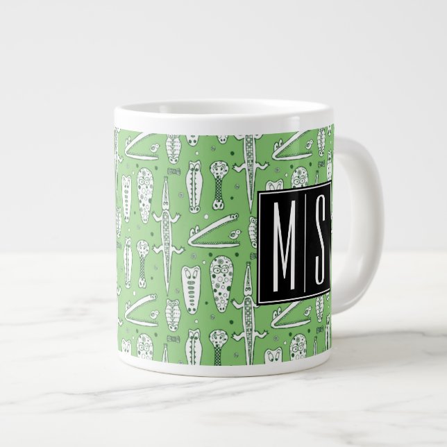 Sketch Crocodile Pattern | Monogram Large Coffee Mug (Front Right)