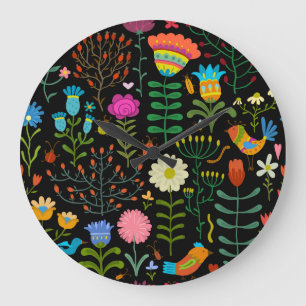 Sketch floral, seamless artistic pattern. large clock