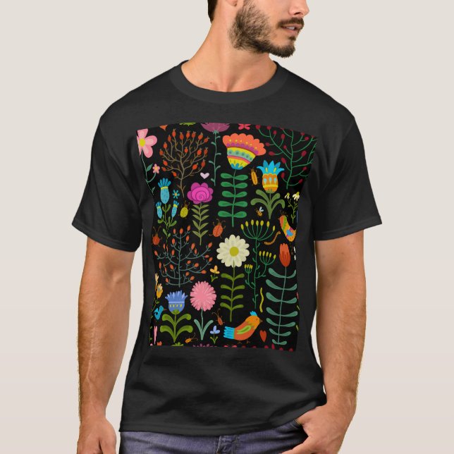 Sketch floral, seamless artistic pattern. T-Shirt (Front)