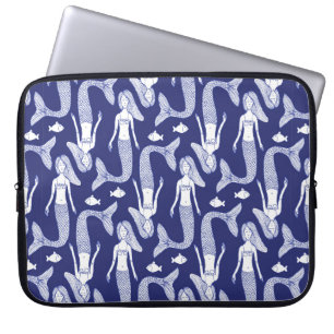 Sketch mermaid and fish pattern in vintage style, laptop sleeve