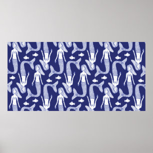 Sketch mermaid and fish pattern in vintage style, poster