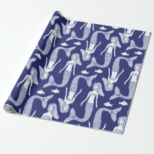 Sketch mermaid and fish pattern in vintage style, wrapping paper