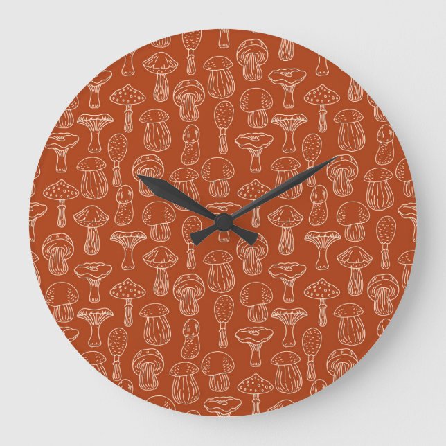 Sketch Mushrooms: Cute Seamless Background. Large Clock (Front)