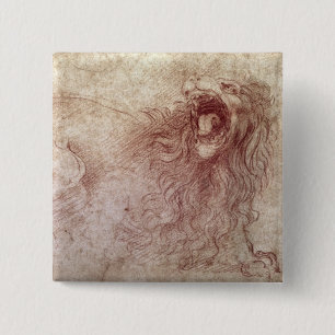Sketch of a roaring lion (red chalk on paper) 15 cm square badge
