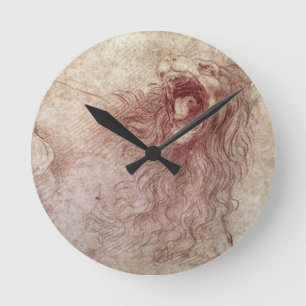 Sketch of a roaring lion (red chalk on paper) round clock
