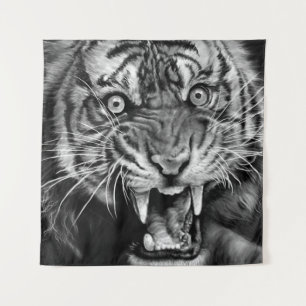 Sketch of a wild tiger in black and whiteblack,whi tapestry