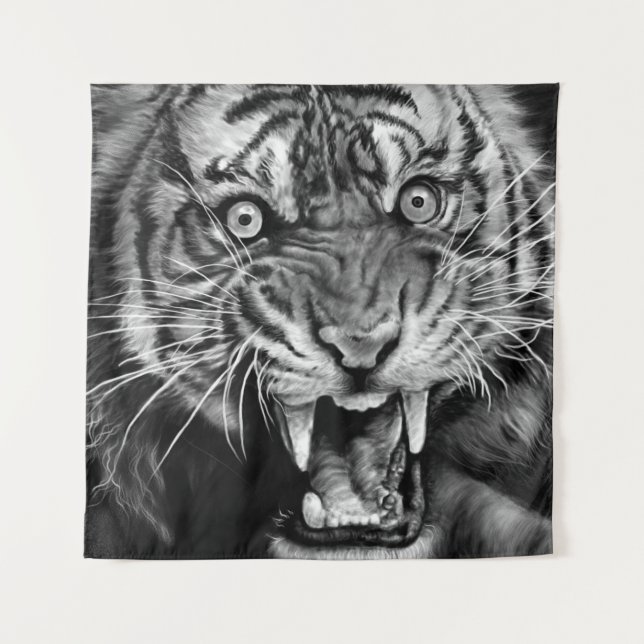 Sketch of a wild tiger in black and whiteblack,whi tapestry (Front)