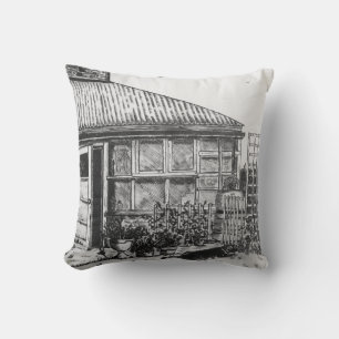 sketch of dog in garden with plants and fencing cushion