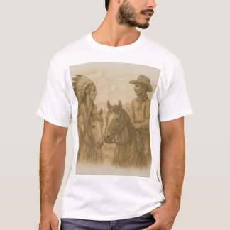 Sketch of Indian and Cowboy on horses T-Shirt