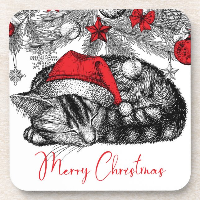 Sketch of Kitten Under Christmas Tree Ornaments Coaster (Front)