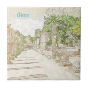 Sketch of ruins in Ancient Olympia, Elis, Greece Ceramic Tile