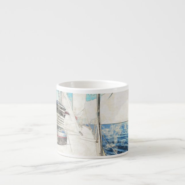 Sketch of sail vessel surfing through sea espresso cup (Front)