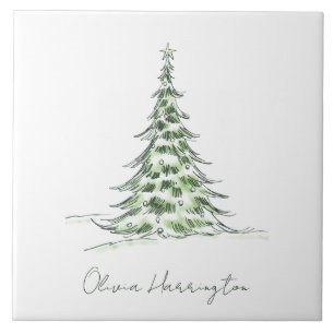 Sketch Pine Christmas Tree Minimal Script Name Ceramic Tile