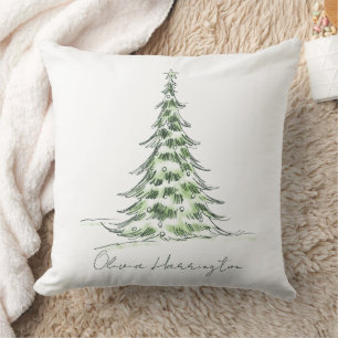 Sketch Pine Christmas Tree Minimal Script Name Cushion