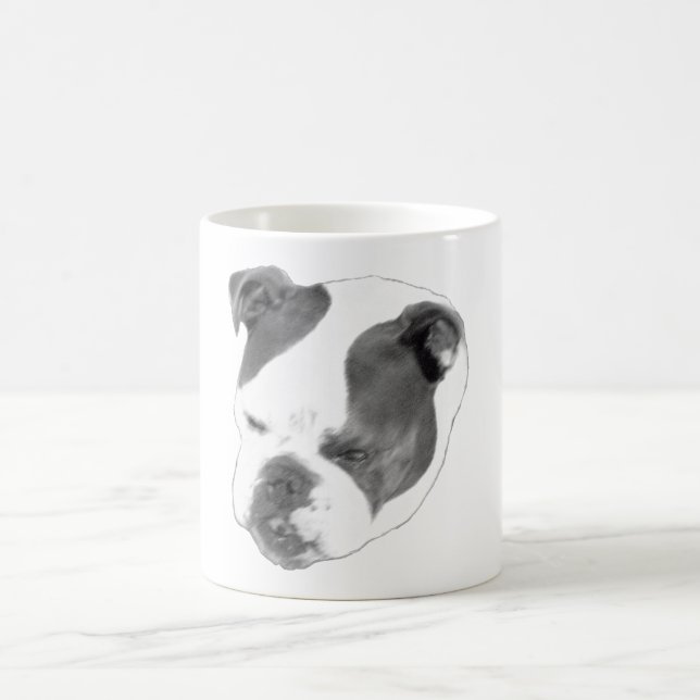 Sketch‑style bulldog head with bold contrast coffee mug (Center)
