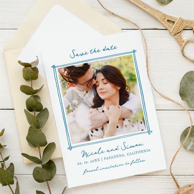 Sketch Whimsical Hand Drawn Square Photo Wedding  Save The Date (Creator Uploaded)