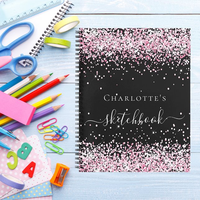 Sketchbook black blush pink glitter name script notebook (Creator Uploaded)