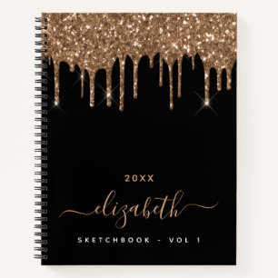 Sketchbook black gold glitter drips monogram name notebook
