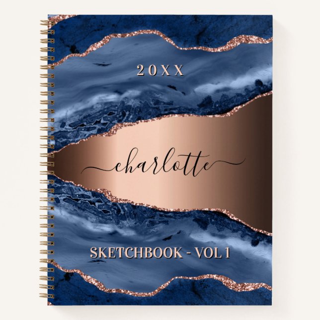 Sketchbook blue agate marble rose gold name notebook (Front)