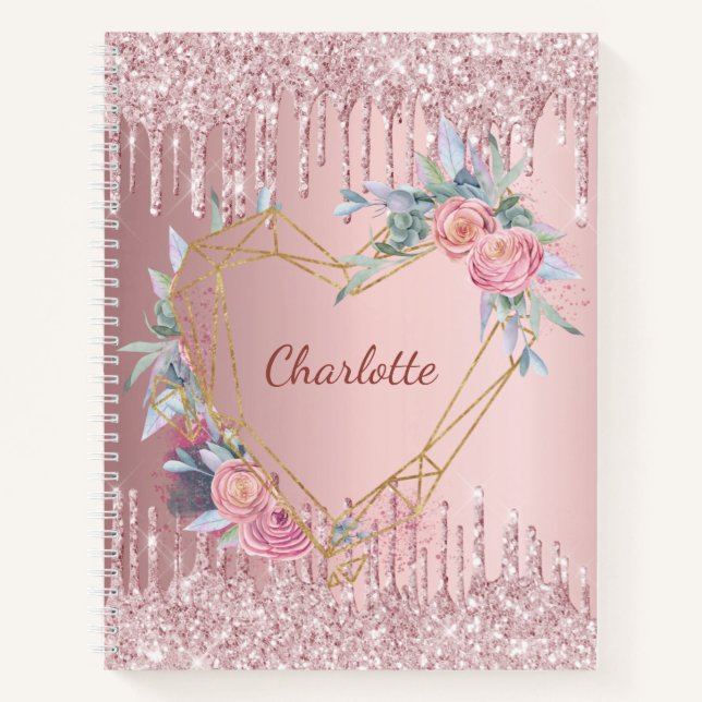 Sketchbook blush pink floral glitter monogram notebook (Front)