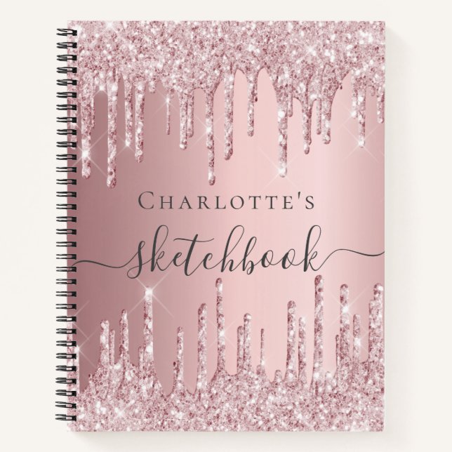 Sketchbook blush pink glitter drips monogram notebook (Front)